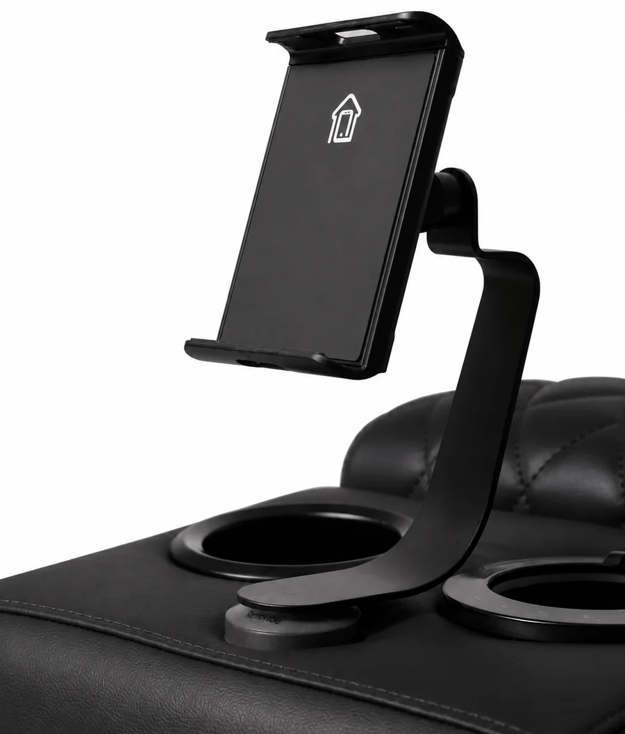 Removable phone and tablet holder mounted on a black leather seat console