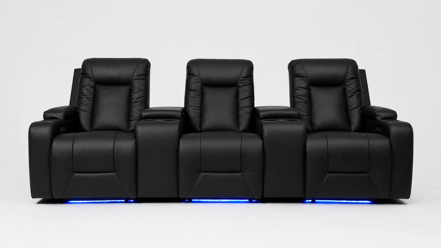 Rangée de fauteuils home cinéma LumeO Azul en cuir noir mat, éclairage LED bleu en base