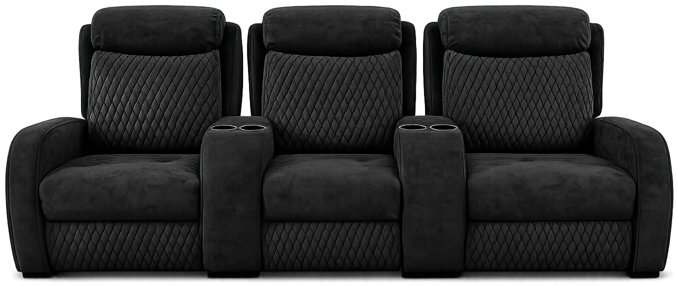 Rangée de fauteuils cinéma LumeO Modena en velours noir capitonné, consoles centrales porte-gobelets