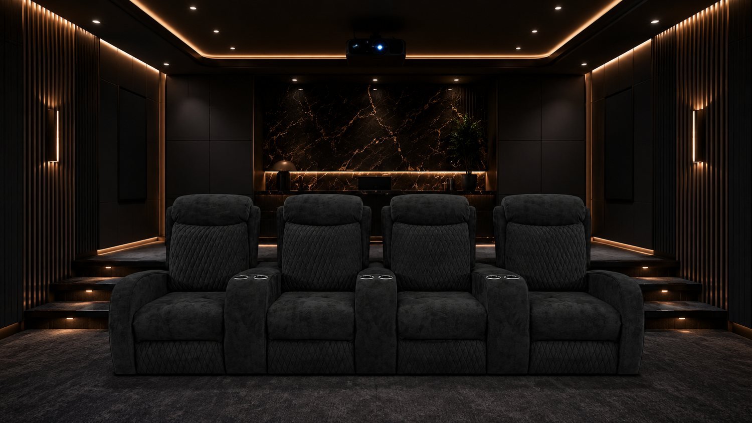 LumeO Modena seats in black velvet installed in a home cinema room