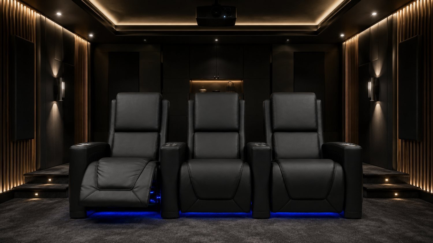 LumeO Norlou seats in black leather installed in a home cinema room, one seat reclined and blue LED lighting