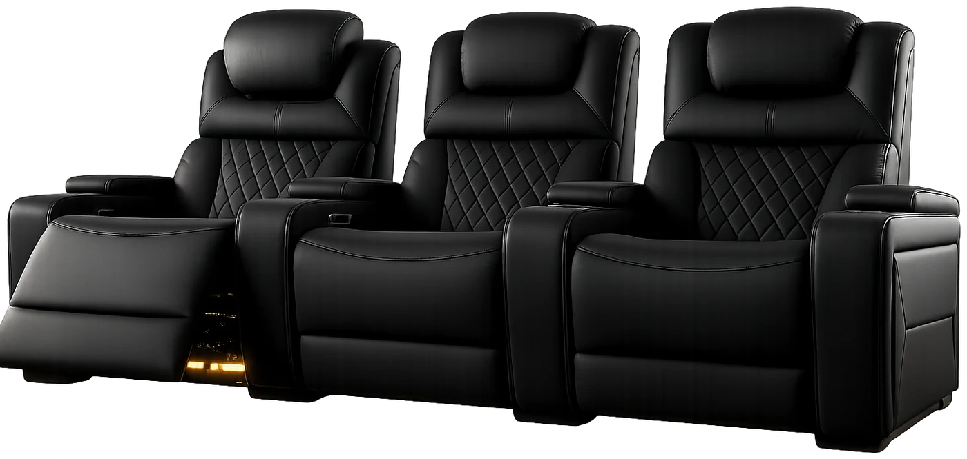 Rangée de fauteuils home cinéma LumeO Tresco en cuir noir mat, une place inclinée