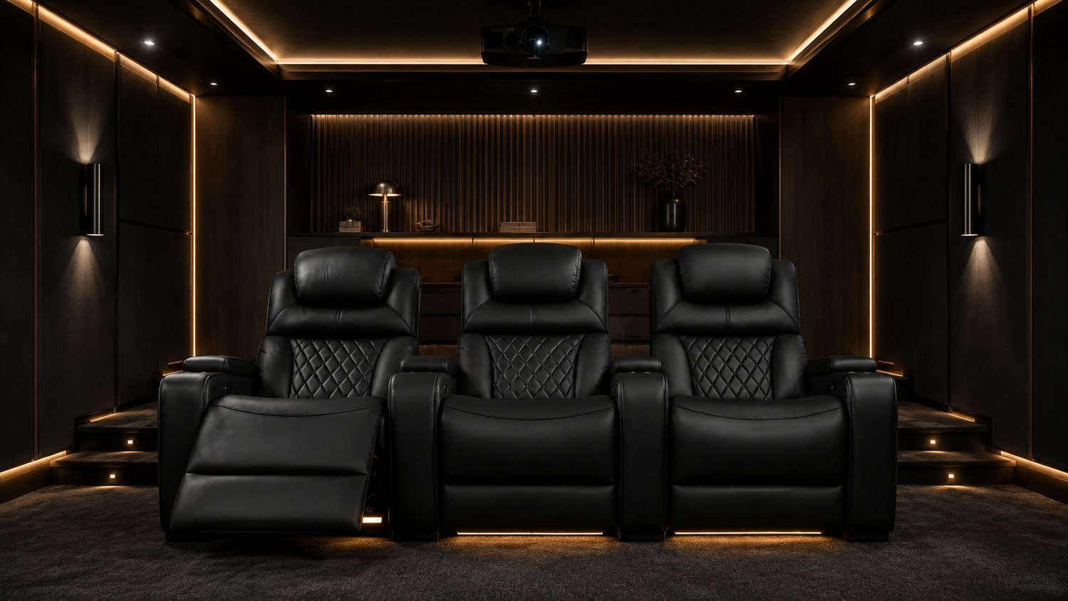 LumeO Tresco seats in matte black leather installed in a home cinema room