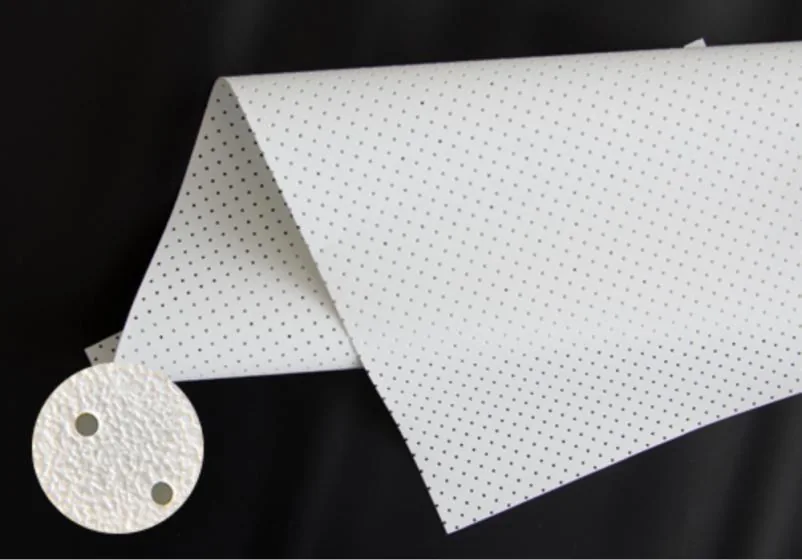 White micro-perforated acoustic projection fabric, detail of the 0.4 mm perforations